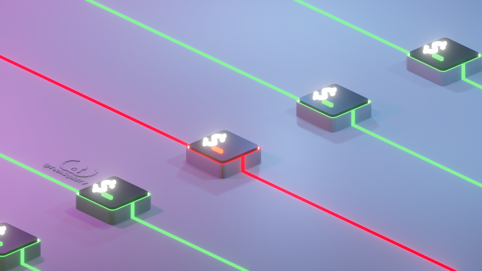 Minimalist 3d rendering showing three rounded cubes representing terminals, two with passing tests, and one with a failure. Image created by TechSquidTV in Blender.