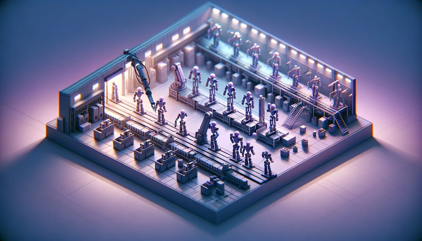 Ai generated image of a factory assembly line creating a series of ai robots
