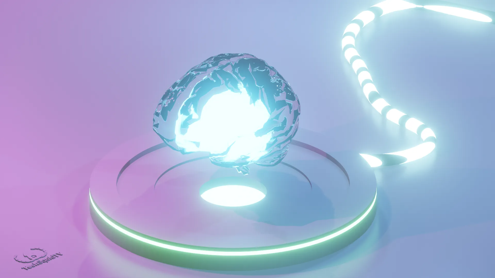 An abstract minimalist 3D rendering of a glass brain downloading information into a super computer. Image created by TechSquidTV in Blender.