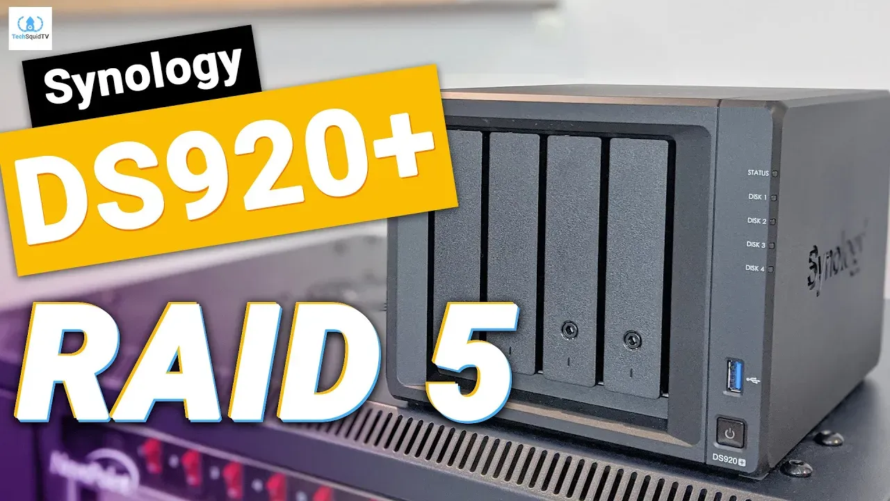 The youtube thumbnail of TechSquidTV's video showcasing the Synology DS920+.