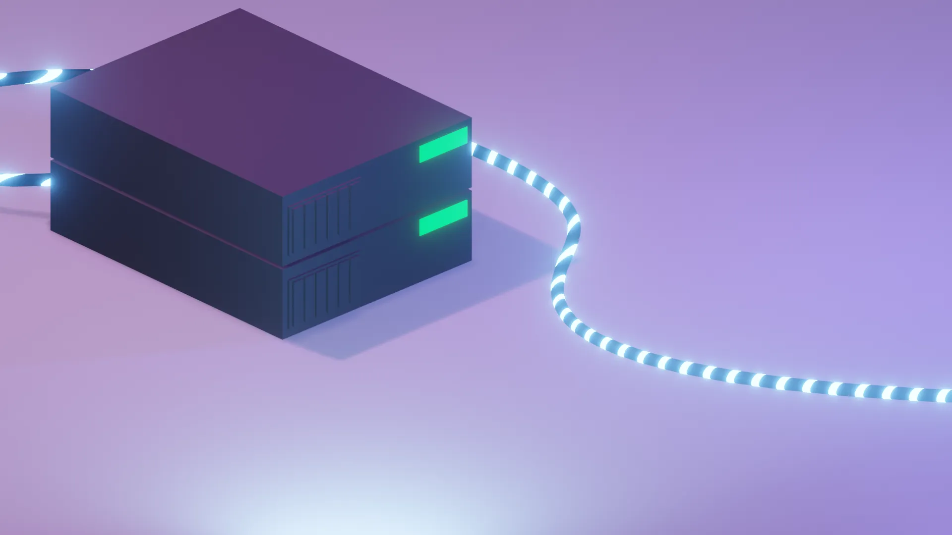 A minimalist rendering of an empty room bathed in a light purple glow. In the room are two rack-server units on the floor, stacked on top of each-other, while a single cable with a spiral glowing pattern exits from the back off to the right of the screen. Image created by TechSquidTV in Blender.