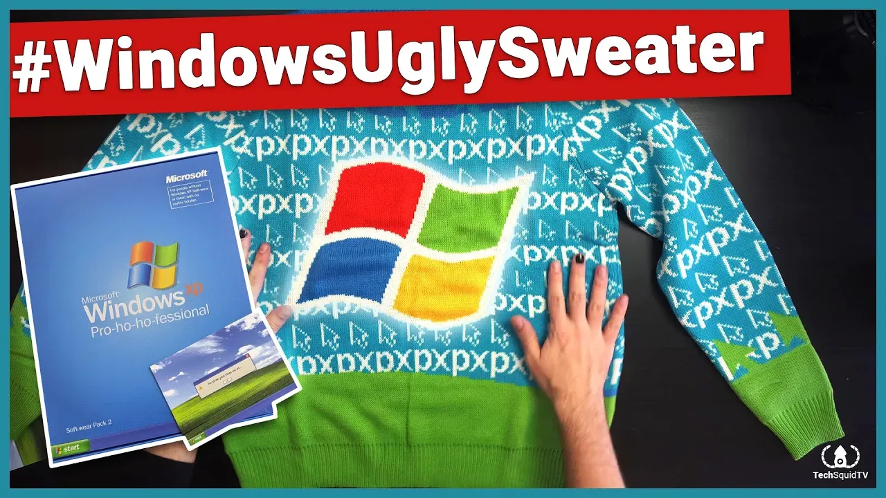 Video thumbnail for TechSquidTV's video showcasing Microsoft's Windows XP-themed ugly Christmas sweater.
